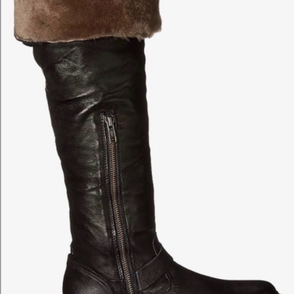 FRYE Black Valerie Shearling Boots - Tan Fur Trim Leather-Knee High Riding Boots